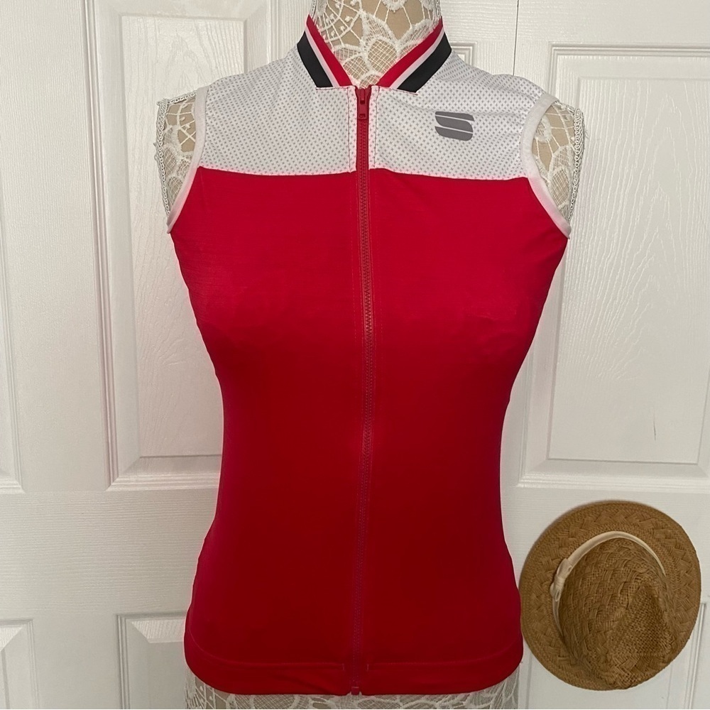 Sportful red bike jersey full zip back pockets non-slip strip sleeveless size S